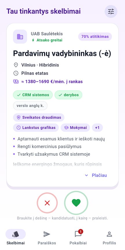 Tinkančių skelbimų sąrašas programėlėje